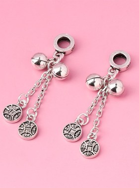 s925银复古泰银吉祥如意铜钱铃铛流苏吊坠diy手工编绳项链坠子