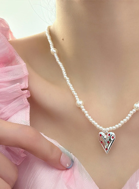 小众设计感珍珠粉钻爱心项链 甜酷辣妹桃心吊坠珍珠颈炼 珍珠项炼