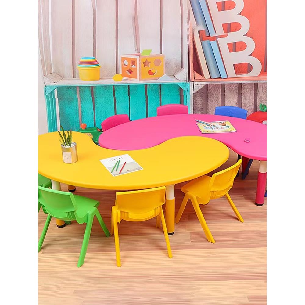 Children's table and chair set solid wood lifting moon table baby learning crescent arc table kindergarten semi-round table thickened