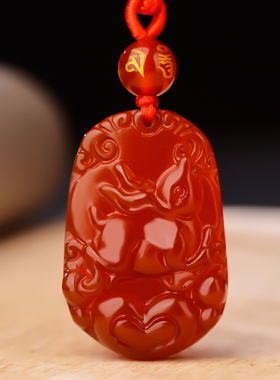 天然红玛瑙吊坠项链十二生肖玉石属兔挂件男女本命年转运饰品礼物