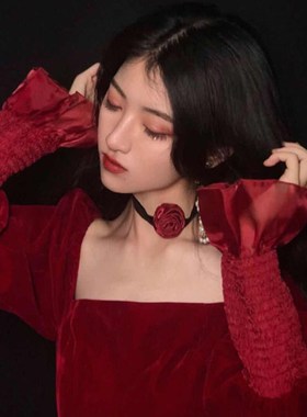 短款项链女潮ins网红个性花朵锁骨链酒红色玫瑰花颈链百搭chocker