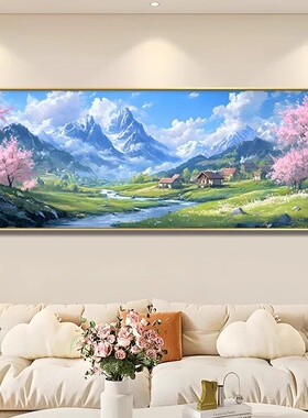 大芬村油画山水风景2026新款奶油风装饰画横幅客厅沙发背景墙挂画