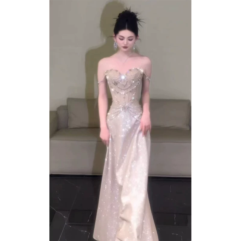 Flash Diamond Dress Heavy Works Luxury Dinner Celebration Light Luxury Black Flash Host Host Equipping Skirt and Broken Bride