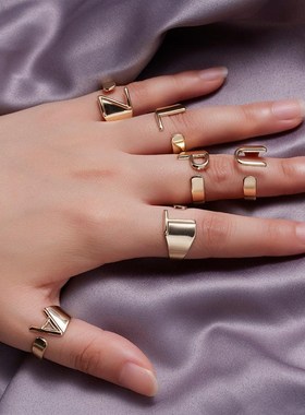 Punk Hollow A-Z Letter Gold Color Metal Adjustable Opening