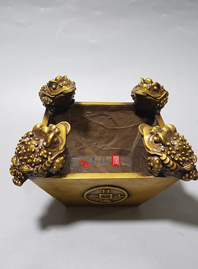 纯铜金蟾斗摆件四方纳财日进斗金铜金蟾斗家居招财装饰工艺品