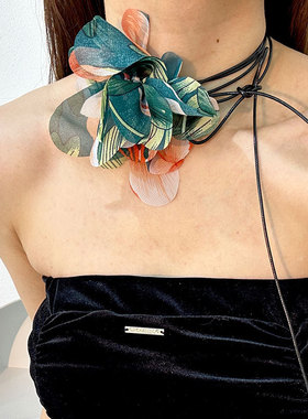 法式优雅多色豹纹花朵蜡绳项链 时尚复古手工布艺花纹颈炼女