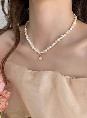 月光石吊坠淡水珍珠项炼女小众设计感天然巴洛克珍珠锁骨链颈炼潮