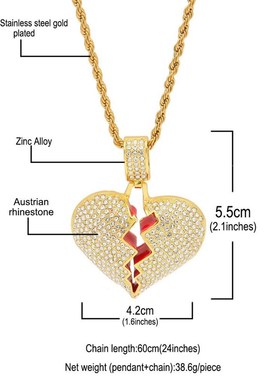 嘻哈项链吊坠破碎的心心碎欧美男女爱心同款小鬼潮满说唱钻个性男