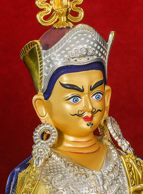 莲花生大士佛像摆件黄铜古色鎏金银藏传密宗10寸双座佛台莲师佛像