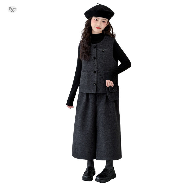 新年服装女童韩系穿搭一整套2026女孩大童洋气冬装毛呢马甲三件套,淘宝优惠券,粉丝福利购,淘宝优惠卷