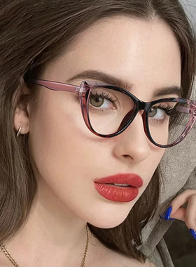 新款猫眼防蓝光眼镜女时尚拼接色素颜显瘦欧美潮流平光眼镜框