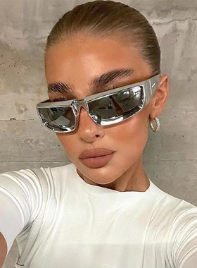 欧美新款个性户外太阳眼镜骑行运动潮流墨镜银色嘻哈蹦迪眼镜