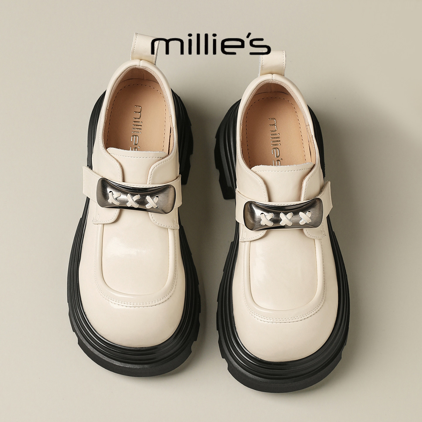 MILLIE'S/妙丽英伦风增高厚底乐福鞋女皮带扣松糕鞋一脚蹬小皮鞋,淘宝优惠券,粉丝福利购,淘宝优惠卷