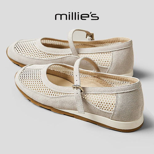 MILLIE'S/妙丽2026新款网面镂空透气一字扣通勤晚晚单鞋女芭蕾鞋 - 图1