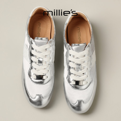 MILLIE'S/妙丽银色拼接德训鞋女舒适不累脚巨好看百搭款休闲板鞋 - 图0