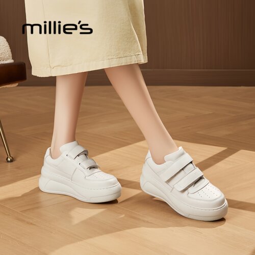 MILLIE'S/妙丽巨好看魔术贴厚底板鞋女白色真皮软底小白鞋勃肯鞋 - 图1