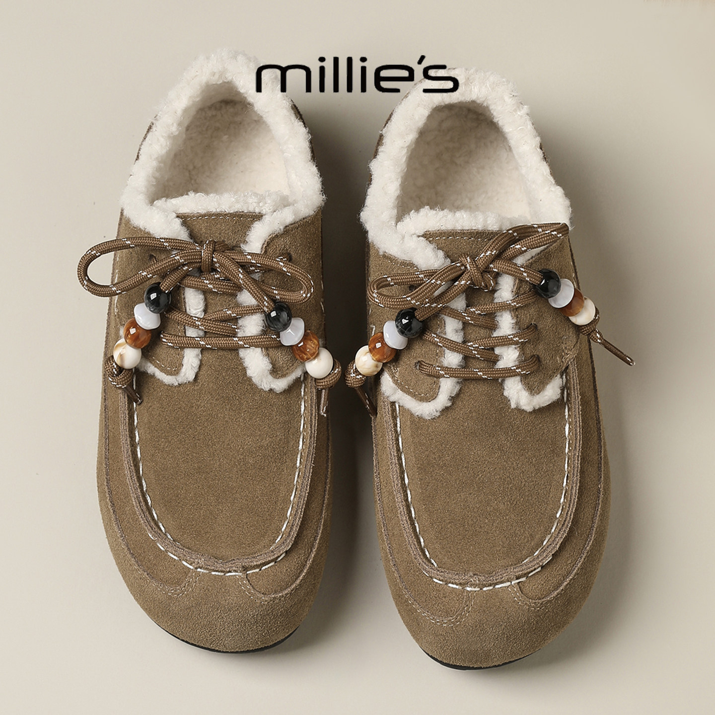 MILLIE'S/妙丽2025冬季新款加绒系带平底勃肯鞋时尚百搭休闲女鞋,淘宝优惠券,粉丝福利购,淘宝优惠卷