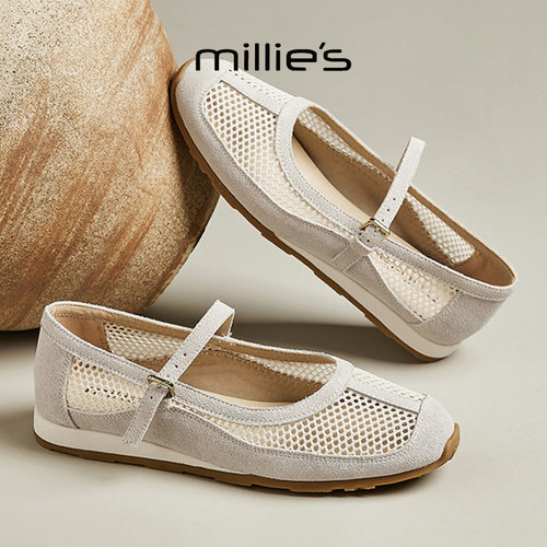 MILLIE'S/妙丽2026新款网面镂空透气一字扣通勤晚晚单鞋女芭蕾鞋 - 图0