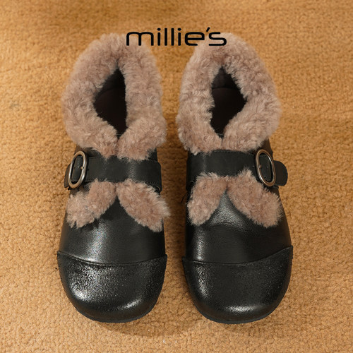 MILLIE'S/妙丽加绒勃肯鞋女皮带扣毛毛鞋保暖真皮棉鞋时尚休闲鞋 - 图0