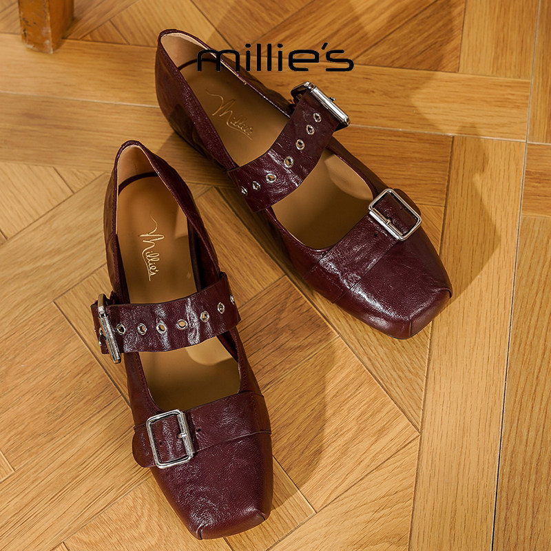 MILLIE'S/妙丽2025新款超软铆钉皮带扣质感玛丽珍鞋平底圆头软,淘宝优惠券,粉丝福利购,淘宝优惠卷