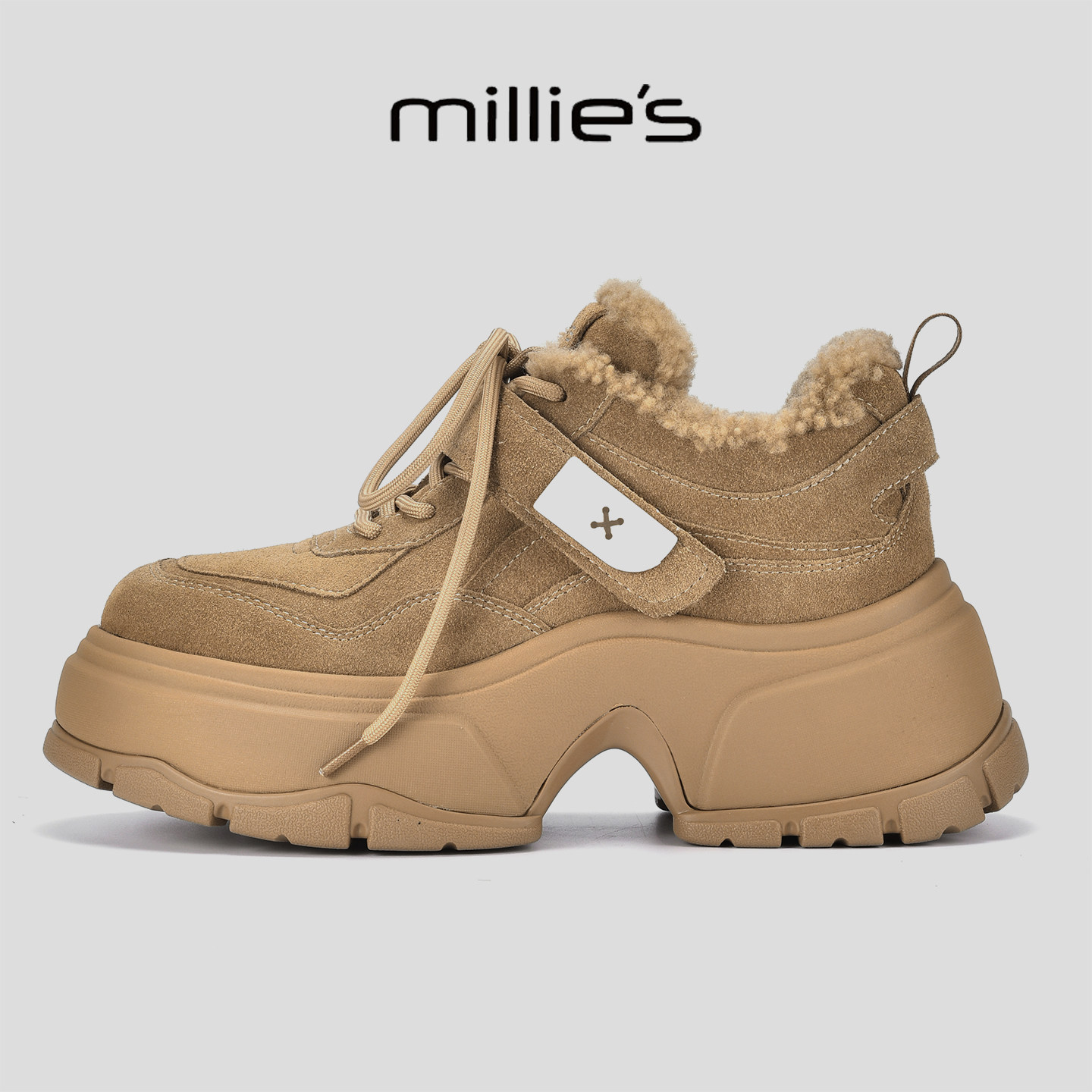 MILLIE'S/妙丽2025新款厚底系带勃肯鞋女冬季加绒保暖防滑休闲鞋,淘宝优惠券,粉丝福利购,淘宝优惠卷