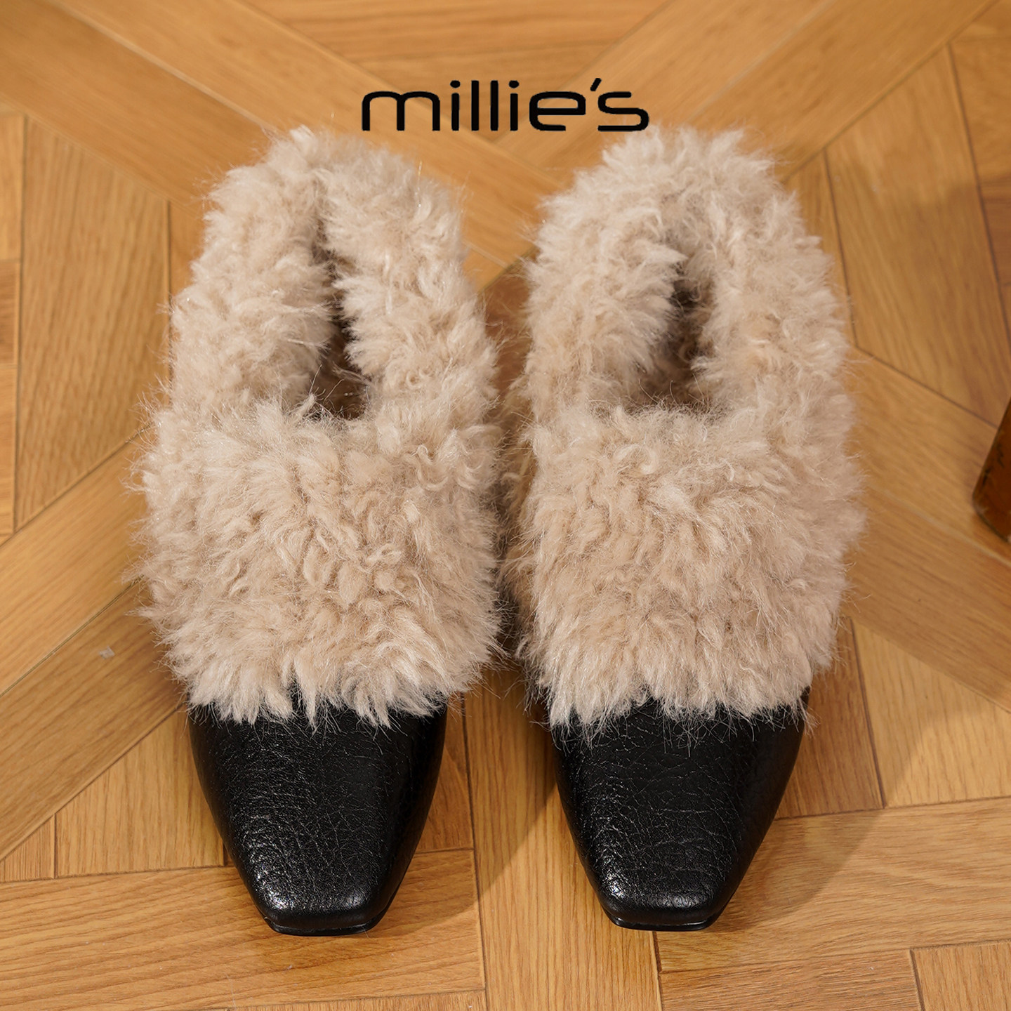 MILLIE'S/妙丽2025新款加绒保暖小皮鞋羊羔毛毛鞋女时尚方头单鞋,淘宝优惠券,粉丝福利购,淘宝优惠卷