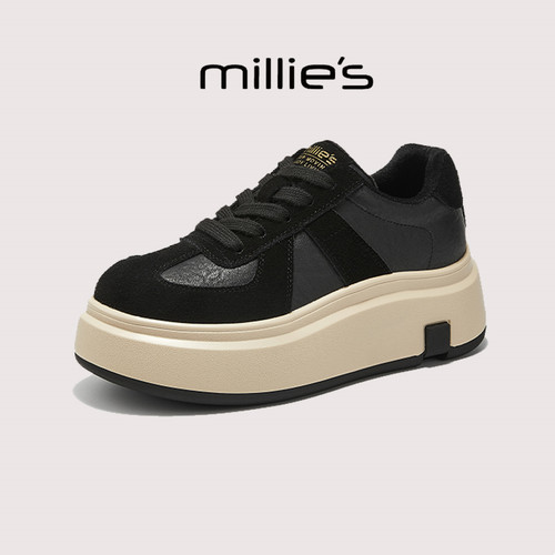 MILLIE'S/妙丽日常复古风厚底板鞋女黑色系带休闲鞋舒适百搭时尚 - 图1