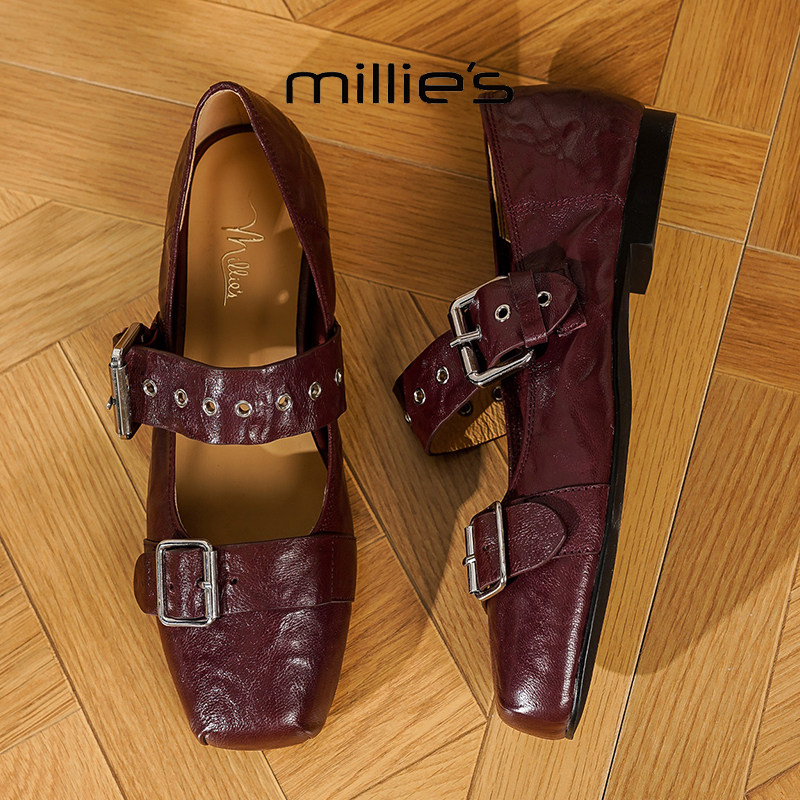MILLIE'S/妙丽2025新款超软铆钉皮带扣质感玛丽珍鞋平底圆头软,淘宝优惠券,粉丝福利购,淘宝优惠卷