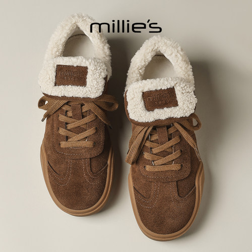MILLIE'S/妙丽2026冬季新款平底板鞋时尚舒适加绒通勤不累脚棉鞋 - 图0