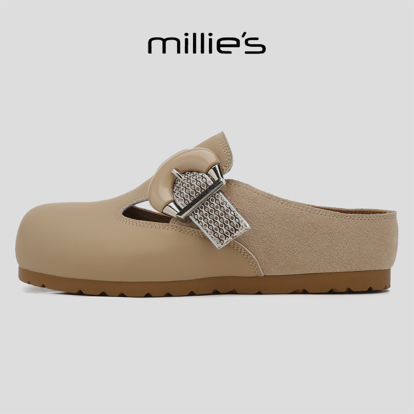 MILLIE'S/妙丽时尚水钻勃肯鞋女真皮复古包头一脚蹬平底鞋懒人鞋,淘宝优惠券,粉丝福利购,淘宝优惠卷