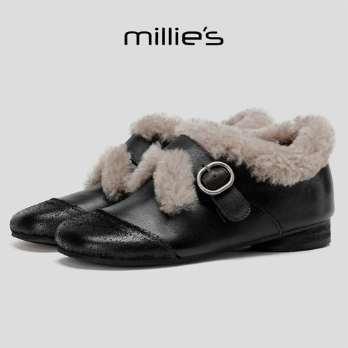 MILLIE'S/妙丽加绒勃肯鞋女皮带扣毛毛鞋保暖真皮棉鞋时尚休闲鞋 - 图1