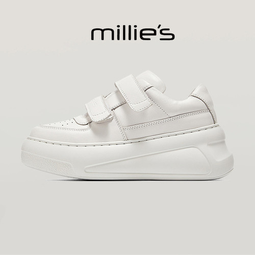 MILLIE'S/妙丽巨好看魔术贴厚底板鞋女白色真皮软底小白鞋勃肯鞋 - 图2