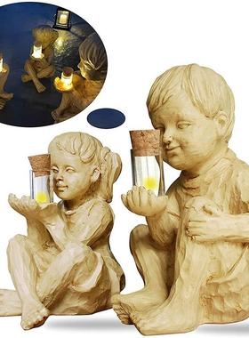 直销新款跨境萤火虫男孩女孩发光花园摆件树脂工艺品夜下庭院灯光