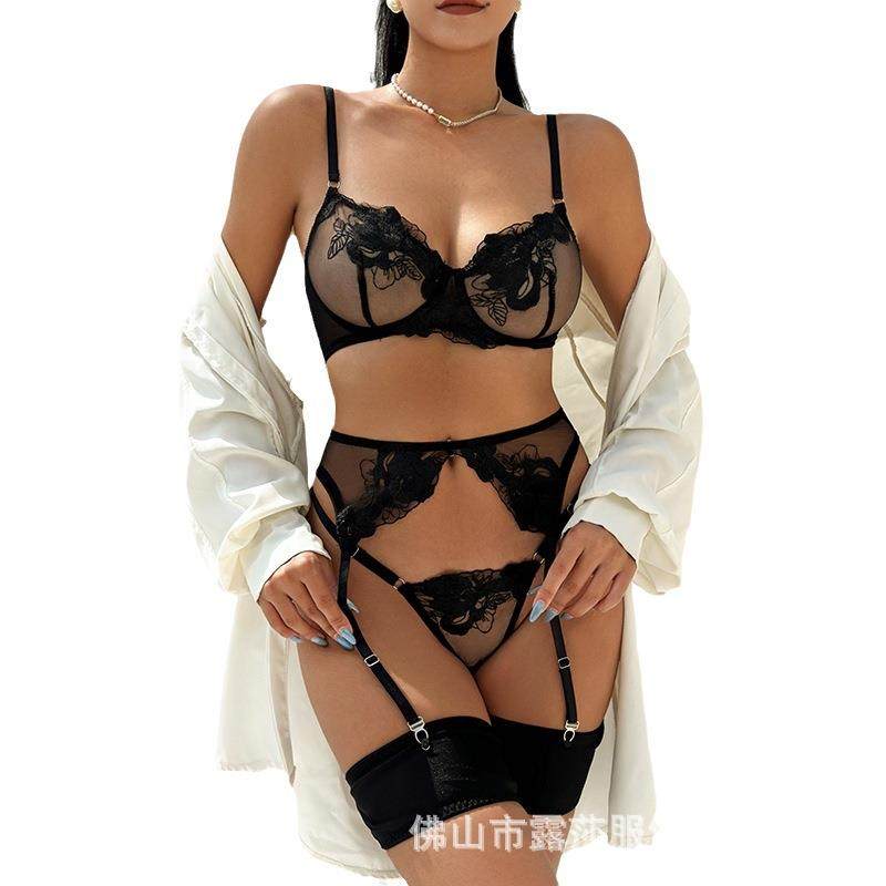 直销新款露莎欧美外贸爆款性感内衣吊袜刺绣网纱多色塑身分体套装,淘宝优惠券,粉丝福利购,淘宝优惠卷