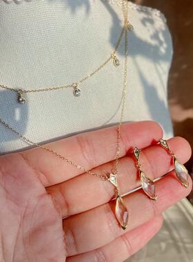 项链日系锁骨链925银白水晶水滴流苏叠戴菱形钻灵动闪百搭镀金一