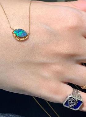 项链欧泊蛋白石银镂空形蓝橄榄花纹耳钉静谧森林猫眼戒指轻奢复古