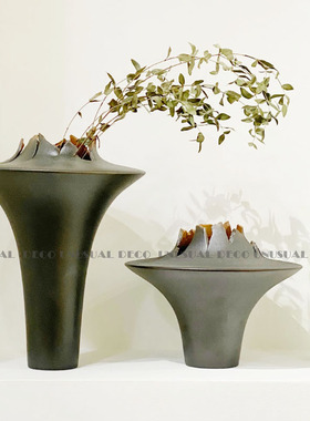 新中式陶瓷渐变斗笠花瓣裂纹花器花瓶摆件样板房售楼处软装饰品