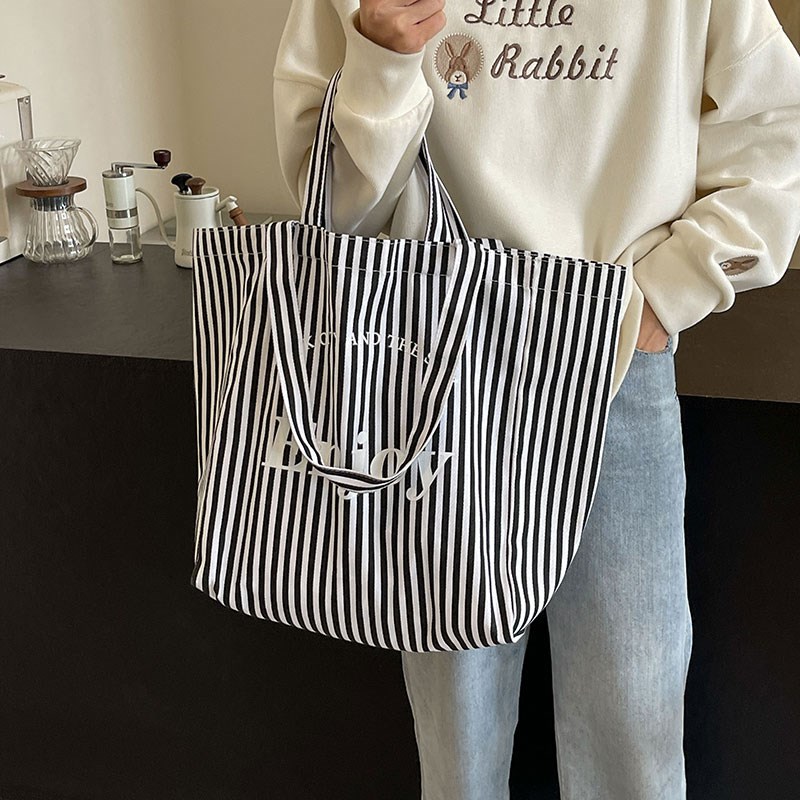 休闲大容量条纹托特包女2025新款时尚字母手提袋大学生单肩通勤包 - 图2