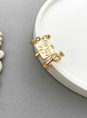 Golden rings women金色人脸笑脸麻花编织戒指女食指