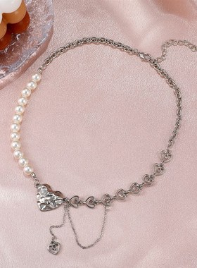 欧美ins拼接爱心珍珠项链 时尚气质小众设计感心形锁骨链嘻哈项饰