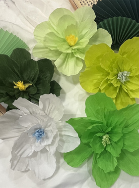 绿色纸花荷花扇花中式墙面墙饰贴