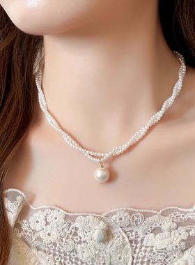 法式双层麻花珠珠吊坠精致颈链女