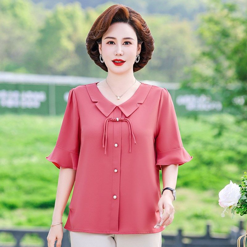 中年妈妈夏装短袖T恤雪纺小衫2024新款洋气质中老年女装夏季套装,淘宝优惠券,粉丝福利购,淘宝优惠卷