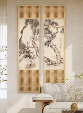 新中式入户玄关装饰画酒店走廊过道花鸟立体画茶室木雕长条挂画