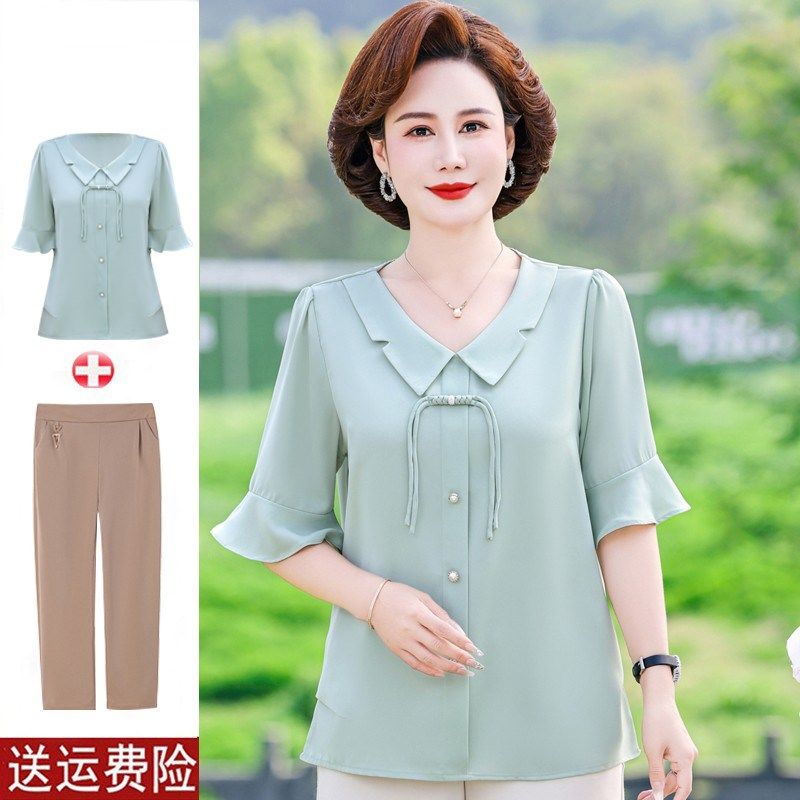 中年妈妈夏装短袖T恤雪纺小衫2024新款洋气质中老年女装夏季套装,淘宝优惠券,粉丝福利购,淘宝优惠卷