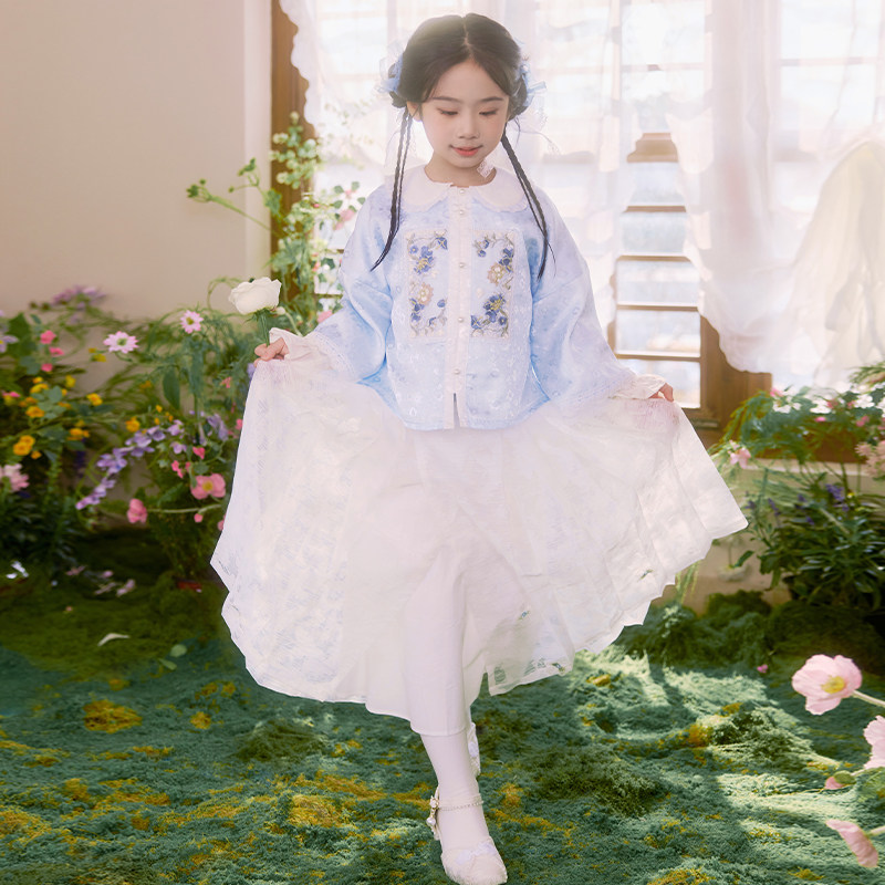 观山见笛莎联名童装国风汉服套装女童刺绣上衣改良百褶裙白色半裙,淘宝优惠券,粉丝福利购,淘宝优惠卷