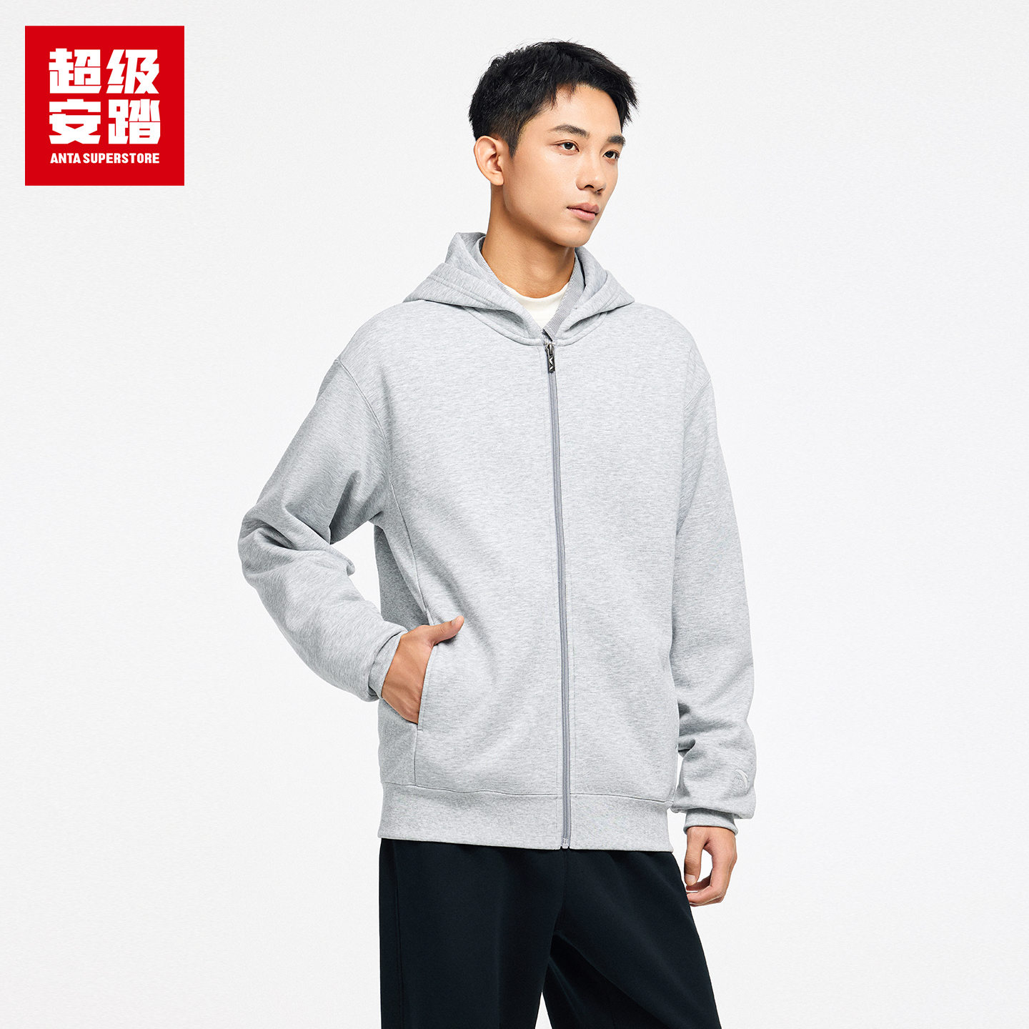 超级安踏男子加绒连帽外套秋冬保暖卫衣简约运动上衣152548716U - 图2