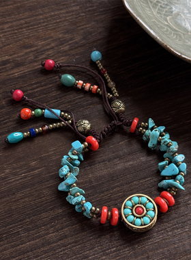 藏式复古尼泊尔珠松石双层编织手链民族风个性藏服旅游拍照手串女