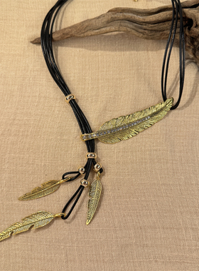 欧美波西米亚羽毛树叶镶钻项链