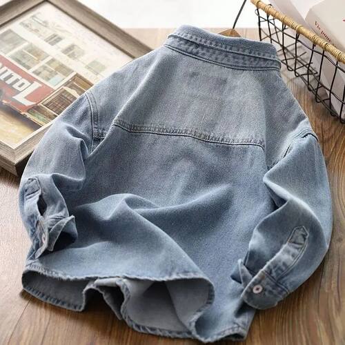 Fashion Boys Blue Denim Shirts Long Sleeved Turn Down Collar - 图0